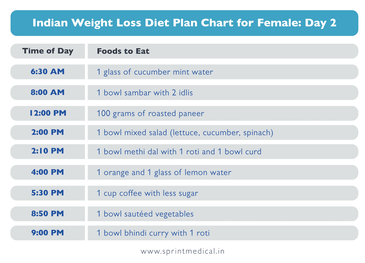 Indian Weight Loss Diet Plan Chart for Female Day 2